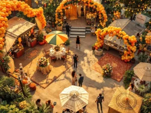 Overhead luchtfoto van kleurrijk foodfestival met houten kraampjes, slingers, ballonbogen en bloemen in gouden zonlicht