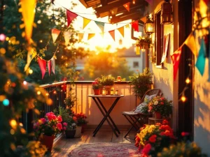 Klein balkon ingericht als feestelijke ruimte met kleurrijke vlaggetjes, potplanten, lantaarns en lichtjes in gouden zonlicht