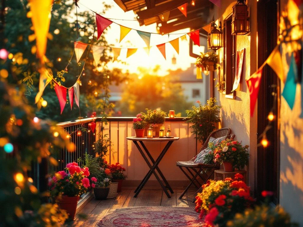 Klein balkon ingericht als feestelijke ruimte met kleurrijke vlaggetjes, potplanten, lantaarns en lichtjes in gouden zonlicht