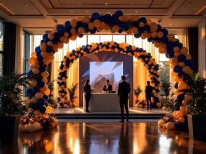 Zakelijke evenementopstelling met marineblauw-gouden ballonbogen, registratietafel en professionals in pakken