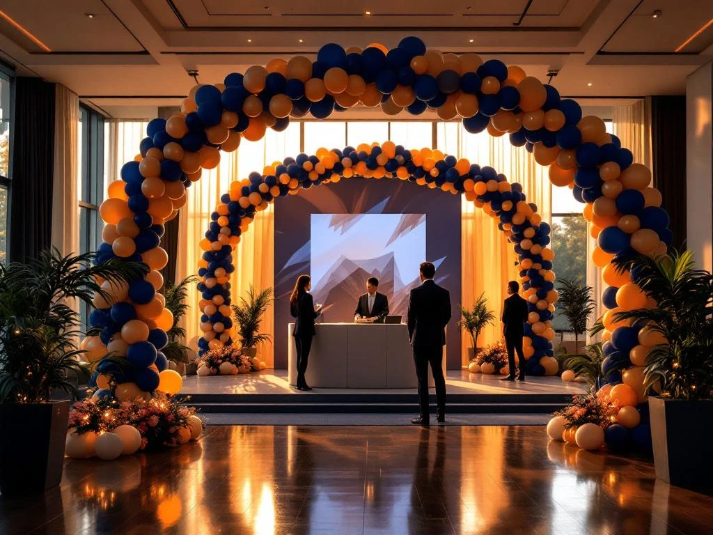 Zakelijke evenementopstelling met marineblauw-gouden ballonbogen, registratietafel en professionals in pakken