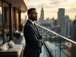 Professionele beveiliger in pak met oortje op luxe VIP-terras met stadsgezicht tijdens gouden uur