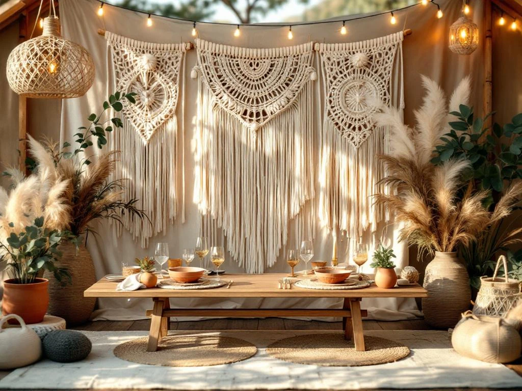 Bohemian festival tafel met macramé wanddecoratie, rieten lantaarns, pampagras in terracotta vazen en warme lichtjes
