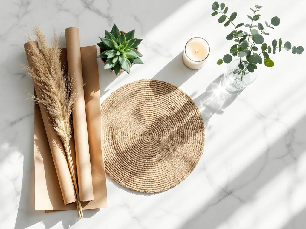 Platte compositie van budgetvriendelijke woonaccessoires op wit marmer met vetplant, kaarsen en eucalyptus takken