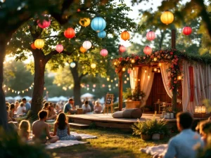 Kleurrijk buitenfestival met papieren lantaarns, slingers en mensen op dekens tijdens gouden uurtje