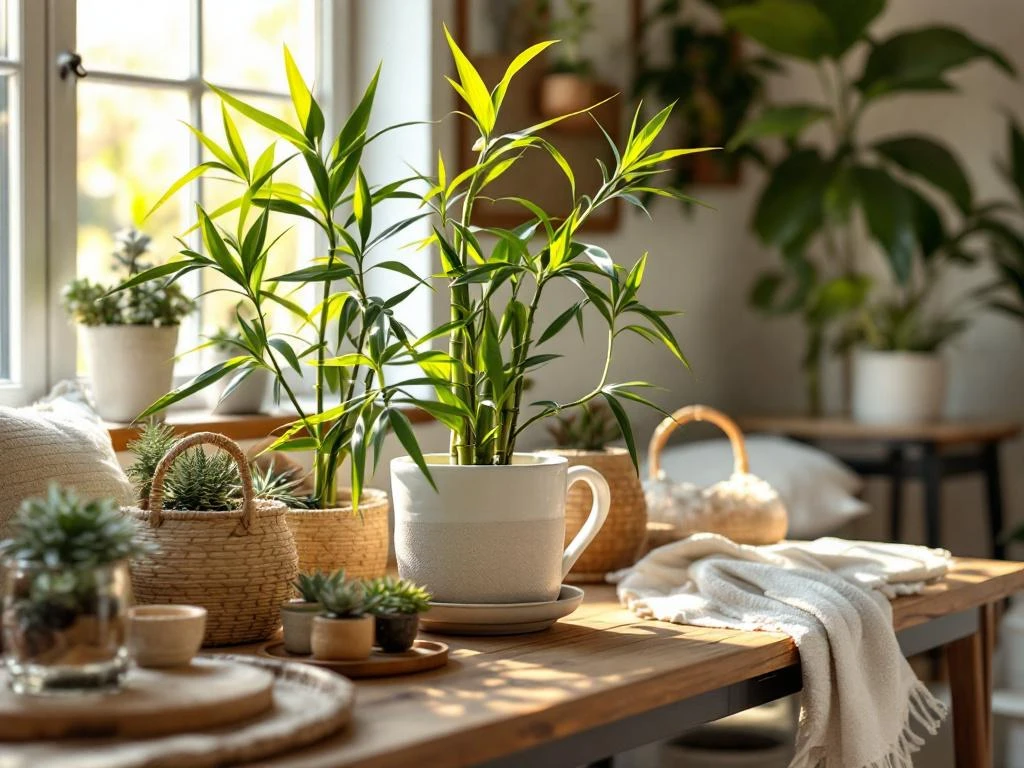 Bamboe plant en duurzame woonaccessoires op houten tafel met natuurlijk licht en aardse tinten