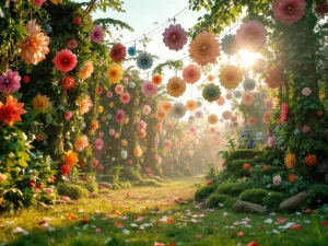 Festivalstage met decoraties van gerecyclede kranten, zonnepanelen en natuurlijke materialen tijdens gouden uur