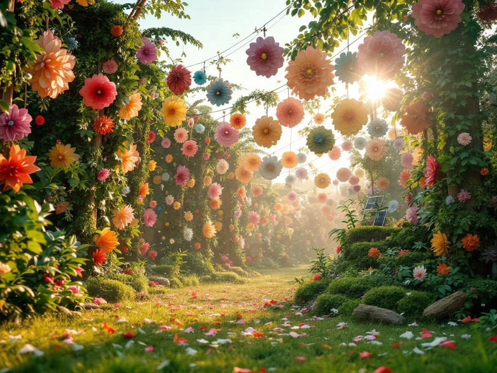 Festivalstage met decoraties van gerecyclede kranten, zonnepanelen en natuurlijke materialen tijdens gouden uur