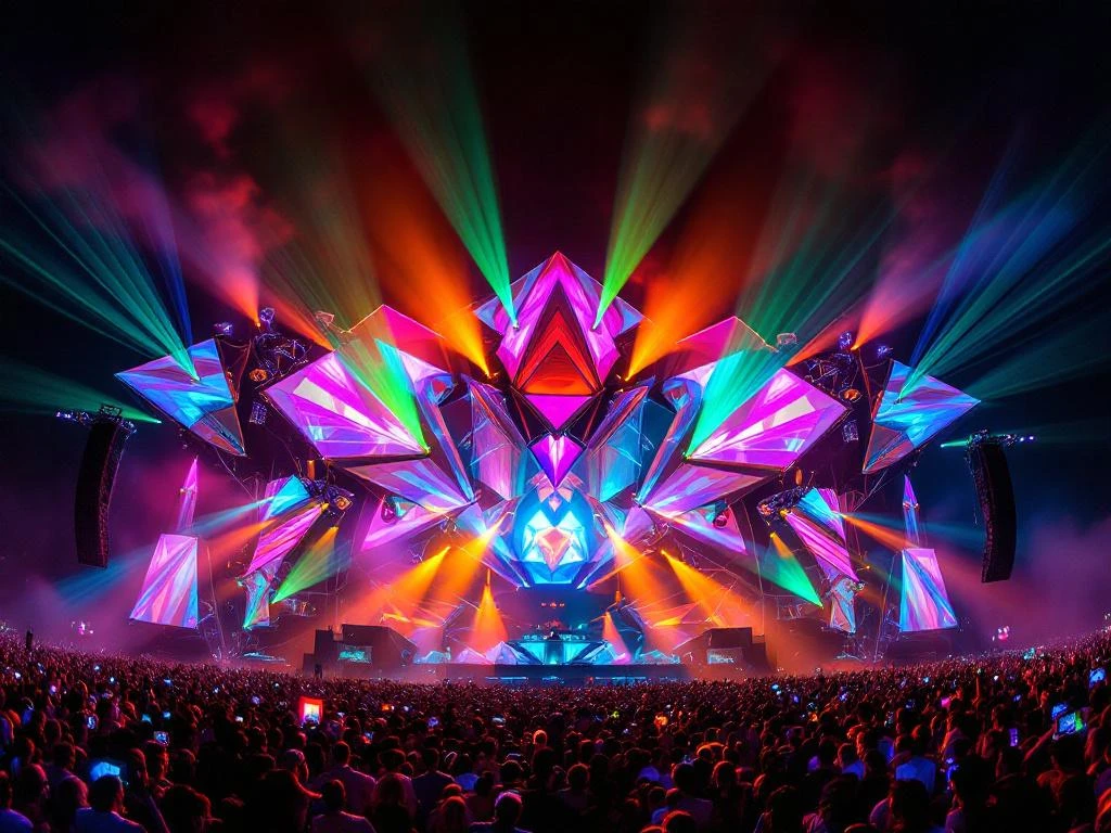 Elektronisch muziekfestival met verlicht podium, DJ-booth, dansende menigte met glow-accessoires en neonverlichting