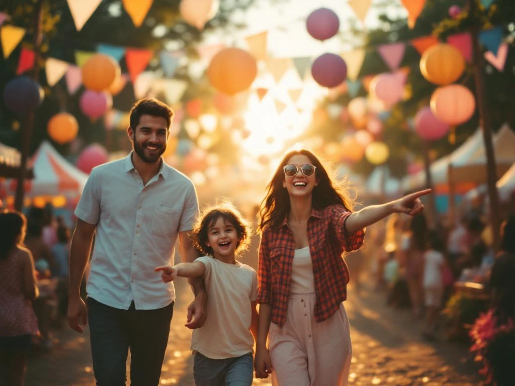 Gelukkige familie van vier loopt door kleurrijk festivalterrein met ballonbogen, vlaggetjes en vrolijke kinderen