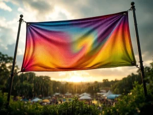 Waterbestendige festivalbanner met regendruppels tussen palen op groene festivalterrein bij gouden uur licht