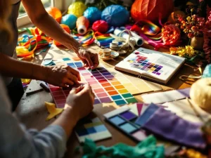 Festivaldecorateur arrangeert kleurrijke stofstalen en crêpepapier op houten tafel met regenboogstreamers en lantaarns