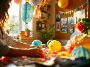 Festivaldecorateur arrangeert kleurrijke papieren lantaarns en slingers op houten tafel in creatieve studio