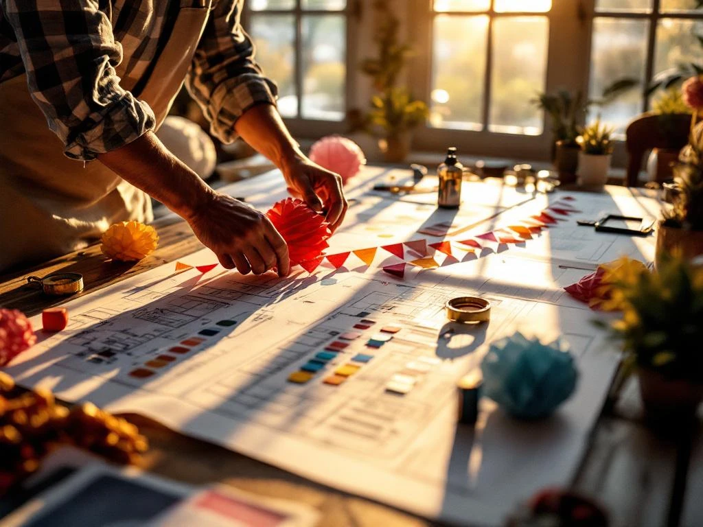 Festivaldecorateurhanden die kleurrijke papieren lantaarns en vlaggetjes arrangeren op houten planningtafel met blauwdrukken