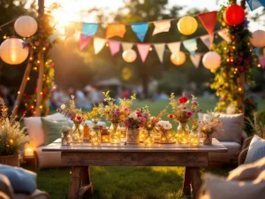 Rustieke houten tafel met wilde bloemen en lichtjes op kleurrijk festival met slingers en lantaarns in gouden zonlicht