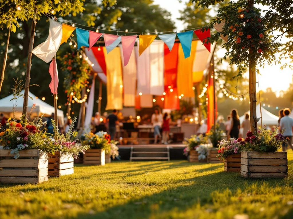 Feestelijk versierd buitenpodium met kleurrijke slingers, bloemarrangementen en sfeerlichten tijdens gouden uurtje