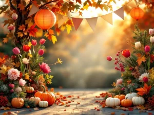 Festivaldecoratie met herfstbladeren, lentebloemen, dennentakken, kleurrijke lantaarns en pompoenenen in gouden zonlicht