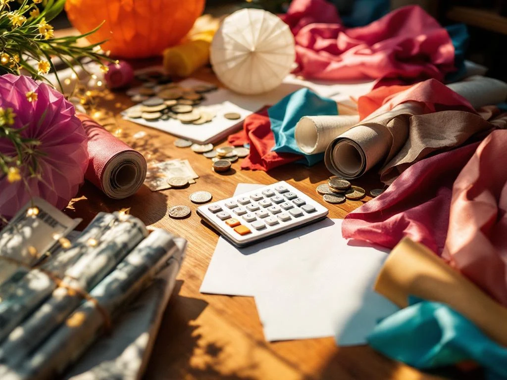 Calculator op houten tafel met kleurrijke feestdecoratie materialen, papieren lantaarns, zijden banners en knutselspullen