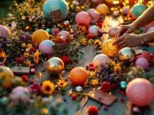 Festivalorganisator arrangeert kleurrijke decoraties op houten tafel met lampionnen, bloemen en lichtjes