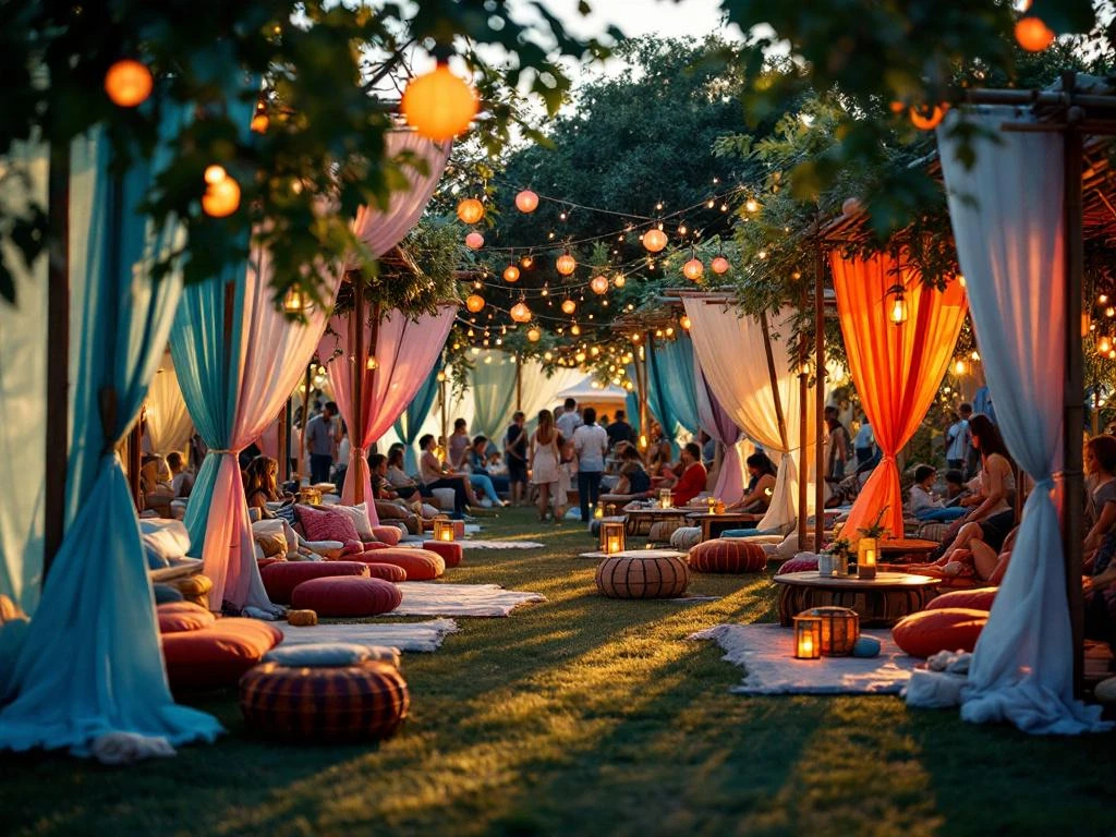 Kleurrijk festival met gedecoreerde zones, stoffen decoraties tussen houten palen, lichtslingers en mensen in intieme zitgebieden