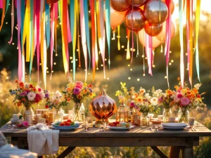 Feestelijke tafelopstelling met regenboogstreamers, ballonnen en kleurrijke lantaarns bij gouden uurtje
