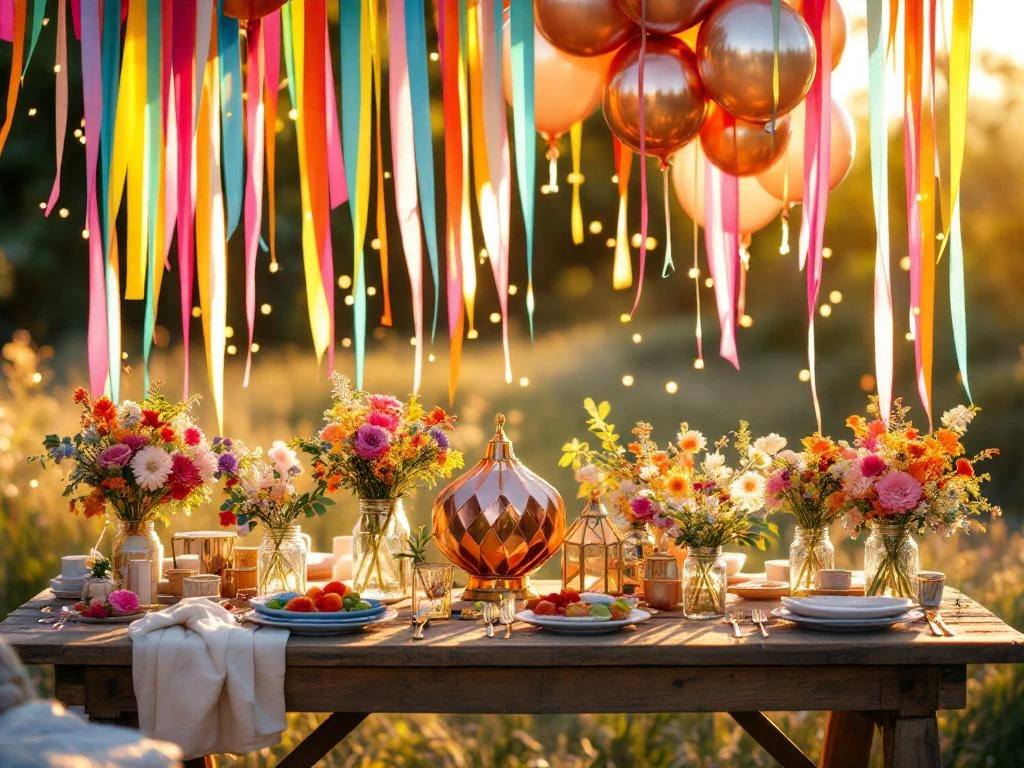 Feestelijke tafelopstelling met regenboogstreamers, ballonnen en kleurrijke lantaarns bij gouden uurtje