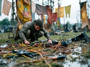 Festivalbeheerder onderzoekt kapotte belichting en verwarde kabels op modderig grasveld na regenbui