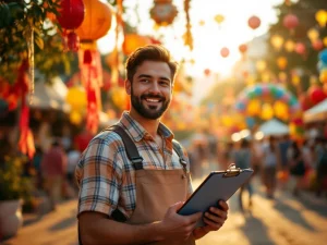 Festivalevenementorganisator met klembord controleert decoraties met lantaarns en ballonbogen tijdens gouden uur