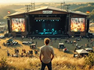 Festivalorganisator overweegt verschillende podiumopstellingen op uitgestrekt buitenterrein met hoofdpodium en kleinere stages