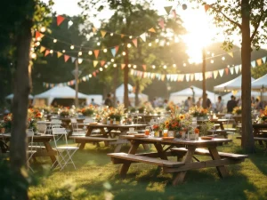 Buitenfestival met houten picknicktafels, kleurrijke slingers, wilde bloemen en sfeerverlichting in gouden zonlicht