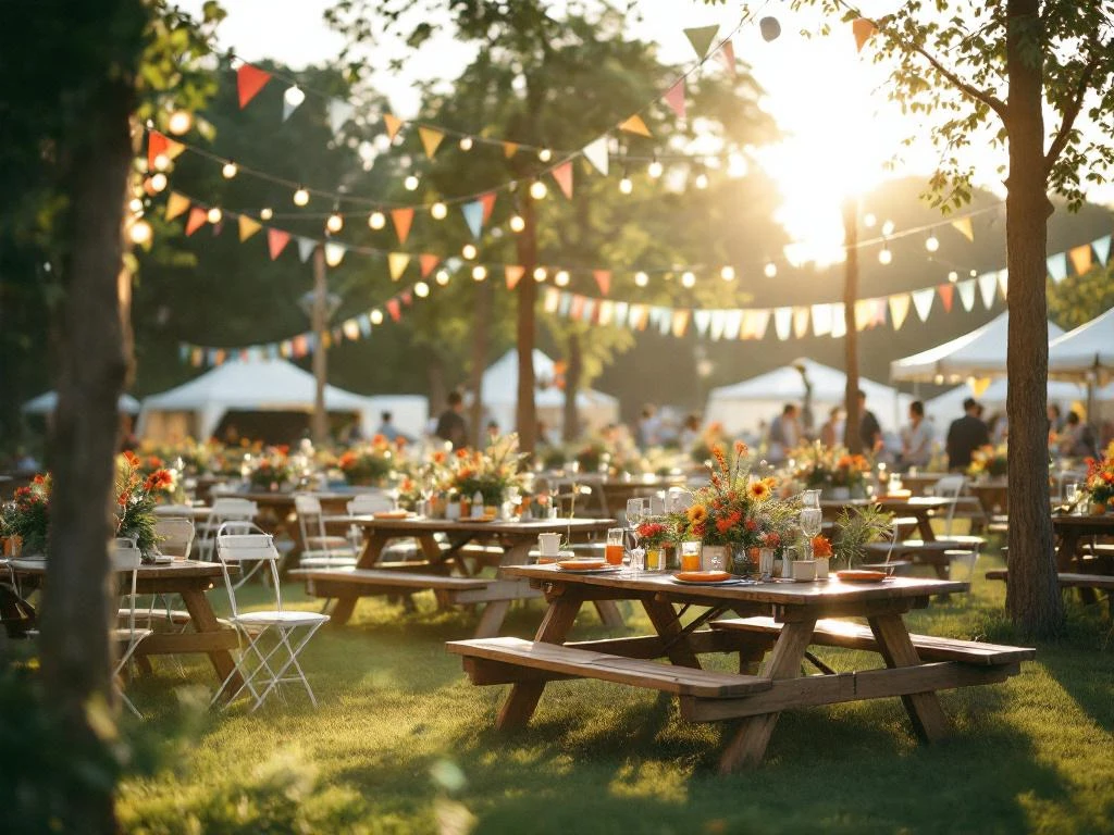 Buitenfestival met houten picknicktafels, kleurrijke slingers, wilde bloemen en sfeerverlichting in gouden zonlicht