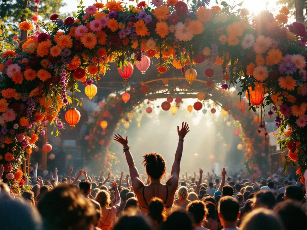 Feestpodium met kleurrijke bloemenbogen van oranje goudsbloemen en paarse dahlia's, dansende menigte in gouden zonlicht