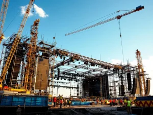 Bouwvakkers assembleren groot festivalpodia met stalen balken en kranen tegen blauwe hemel tijdens gouden uur