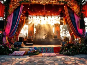 Uitbundig festival podium met barokke gouden frames, rustiek hout, bohemien stoffen en sfeerlichten in gouden uur