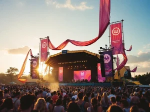 Kleurrijk festivalpodium met merkbanners en decoratie, festivalgangers op de achtergrond tijdens gouden uurtje