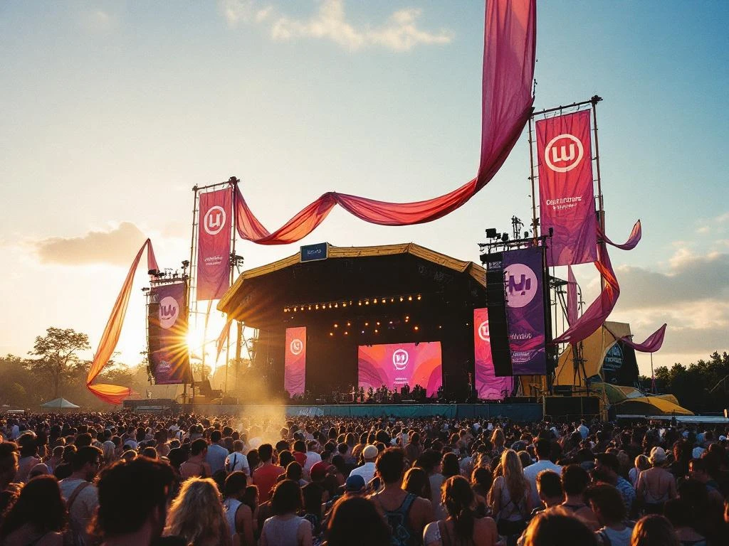 Kleurrijk festivalpodium met merkbanners en decoratie, festivalgangers op de achtergrond tijdens gouden uurtje
