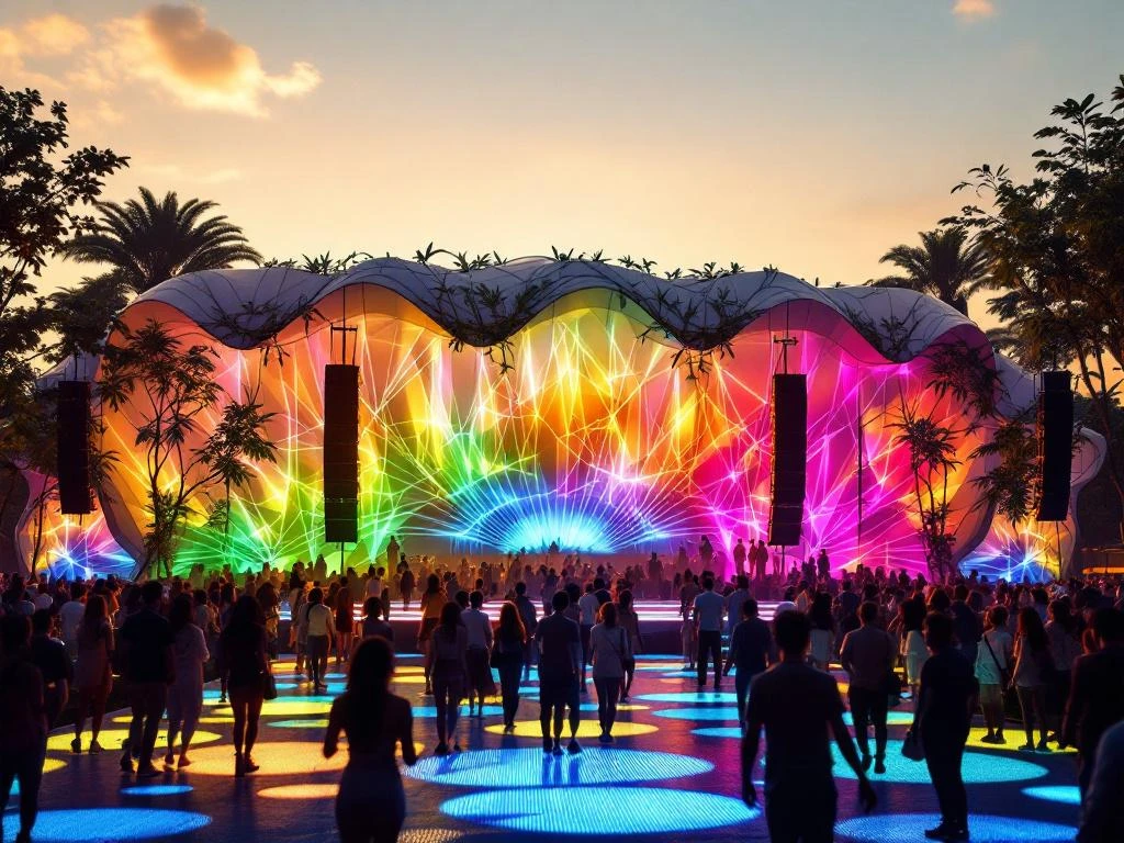 Buitenfestival podium met holografische projecties, LED-panelen en verlichte bamboe bogen, bezoekers silhouetten tegen kleurrijke lichtshow