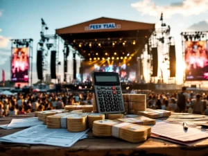 Stapels eurobankbiljetten met calculator en huurcontract op tafel, festivalpodium met professionele belichting op achtergrond
