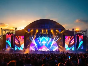 Outdoor festival podium met gebogen LED-schermen, kleurrijke patronen en publiek met opgeheven handen tijdens gouden uur