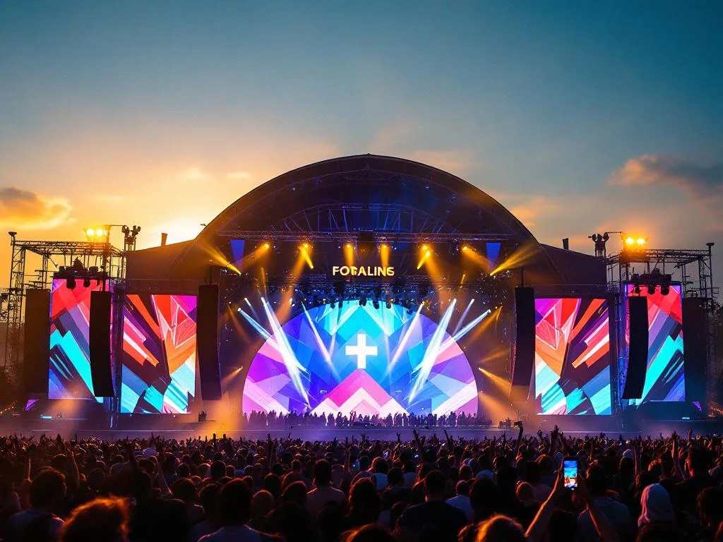 Outdoor festival podium met gebogen LED-schermen, kleurrijke patronen en publiek met opgeheven handen tijdens gouden uur