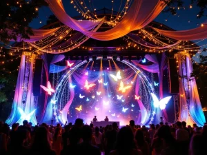 Outdoor festival podium met LED-verlichting, holografische vlinders op doek en DJ-booth tijdens gouden uur