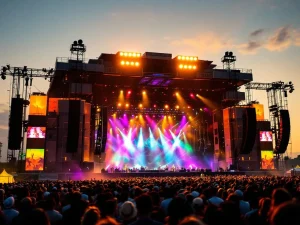 Groot verlicht festivalpodium met meerlagige platforms en kleurrijke lichten tijdens schemering, menigte kijkt omhoog