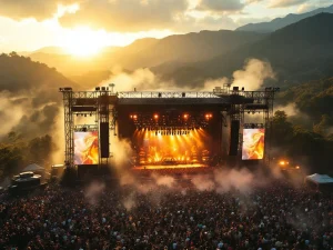 Groot festivalpodium met LED-panelen en duizenden toeschouwers met opgestoken handen tijdens gouden uurtje