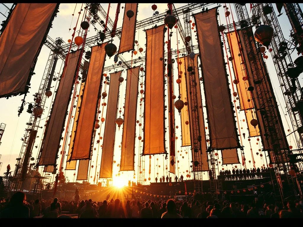 Hoog festivaltoneel met hangende banners en lantaarns, crew installeert decoraties met ladders tijdens gouden uur