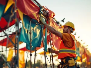 Festivalmedewerker in veiligheidskleding bevestigt kleurrijke banners en lichtjes aan metalen podiumconstructie