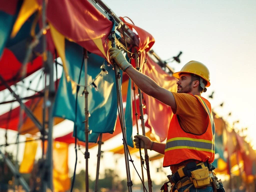 Festivalmedewerker in veiligheidskleding bevestigt kleurrijke banners en lichtjes aan metalen podiumconstructie