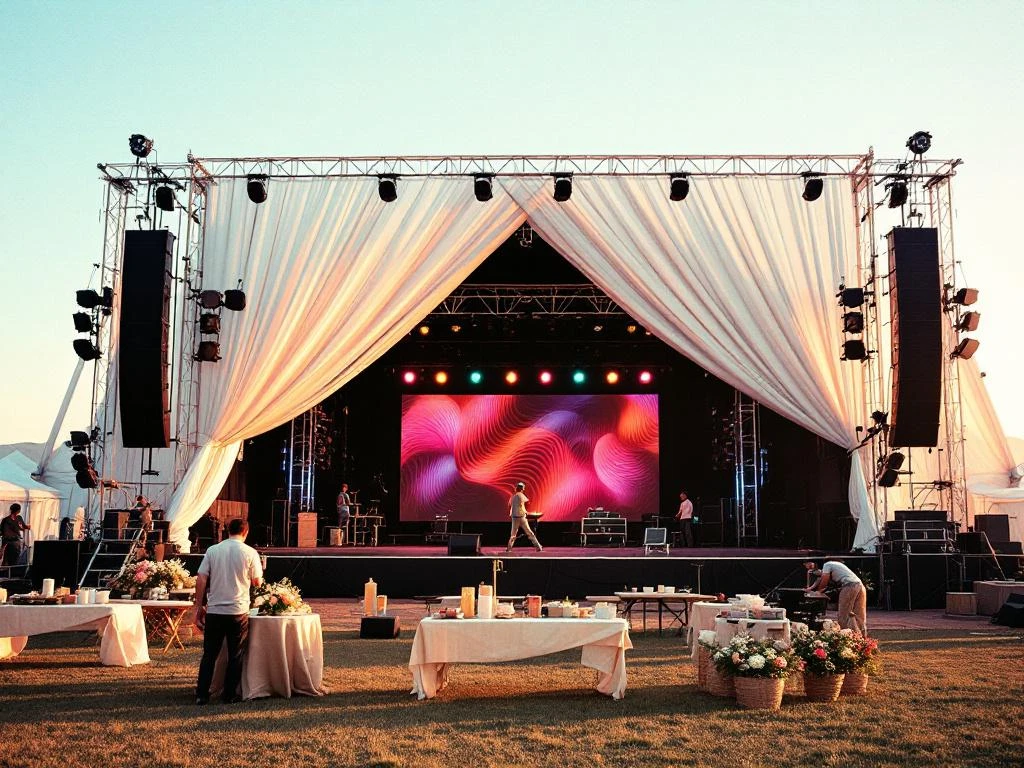 Festivalpodium in opbouw met witte doeken en LED-verlichting, medewerkers installeren decoratie op grasveldje