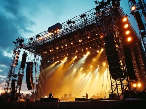Groot festivalpodium met stalen constructie en professionele verlichting tegen schemerende hemel, geluidstechnicus bij mengpaneel