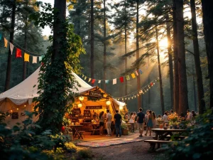 Feesttent met kleurrijke banners en lampions tussen bomen, festivalbezoekers aan houten tafels in bosachtige omgeving