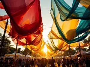 Kleurrijke stoffen banieren in bordeaux, geel en teal hangen boven festivalgangers tijdens gouden uur zonsondergang